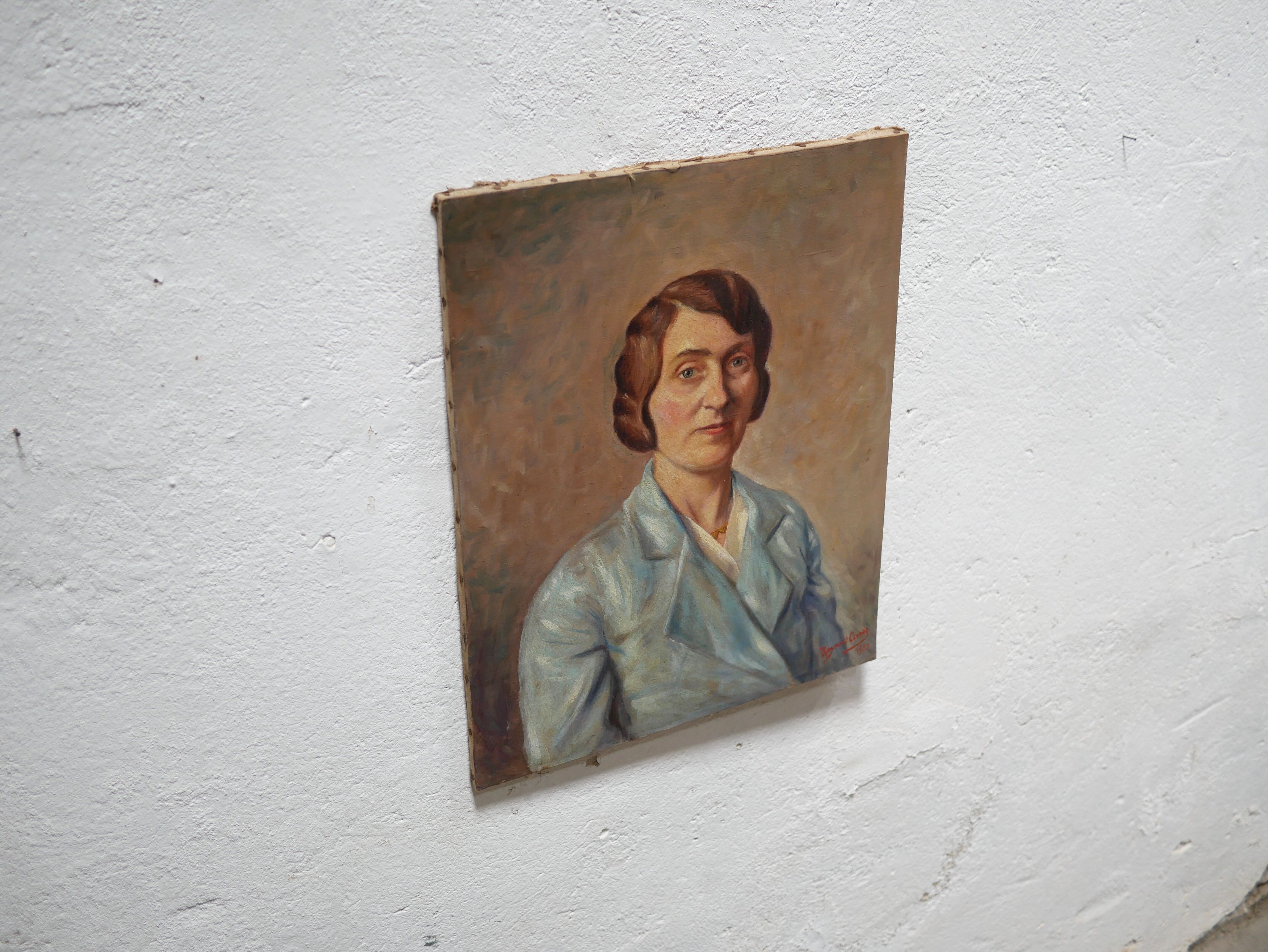 Portrait painting, Painting on old canvas signed Raymond Casez