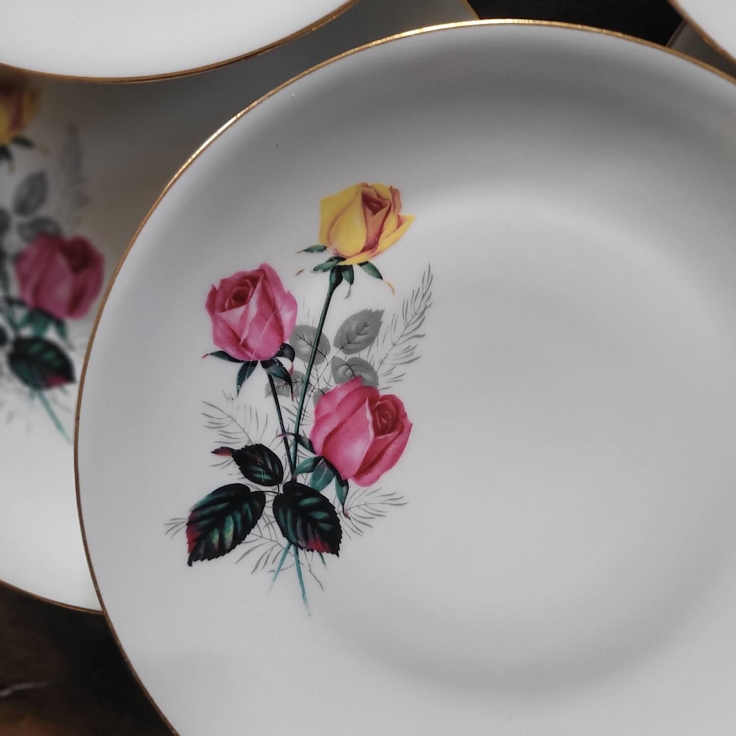 P.L. France porcelain dinner plates with roses — 1950s-60s