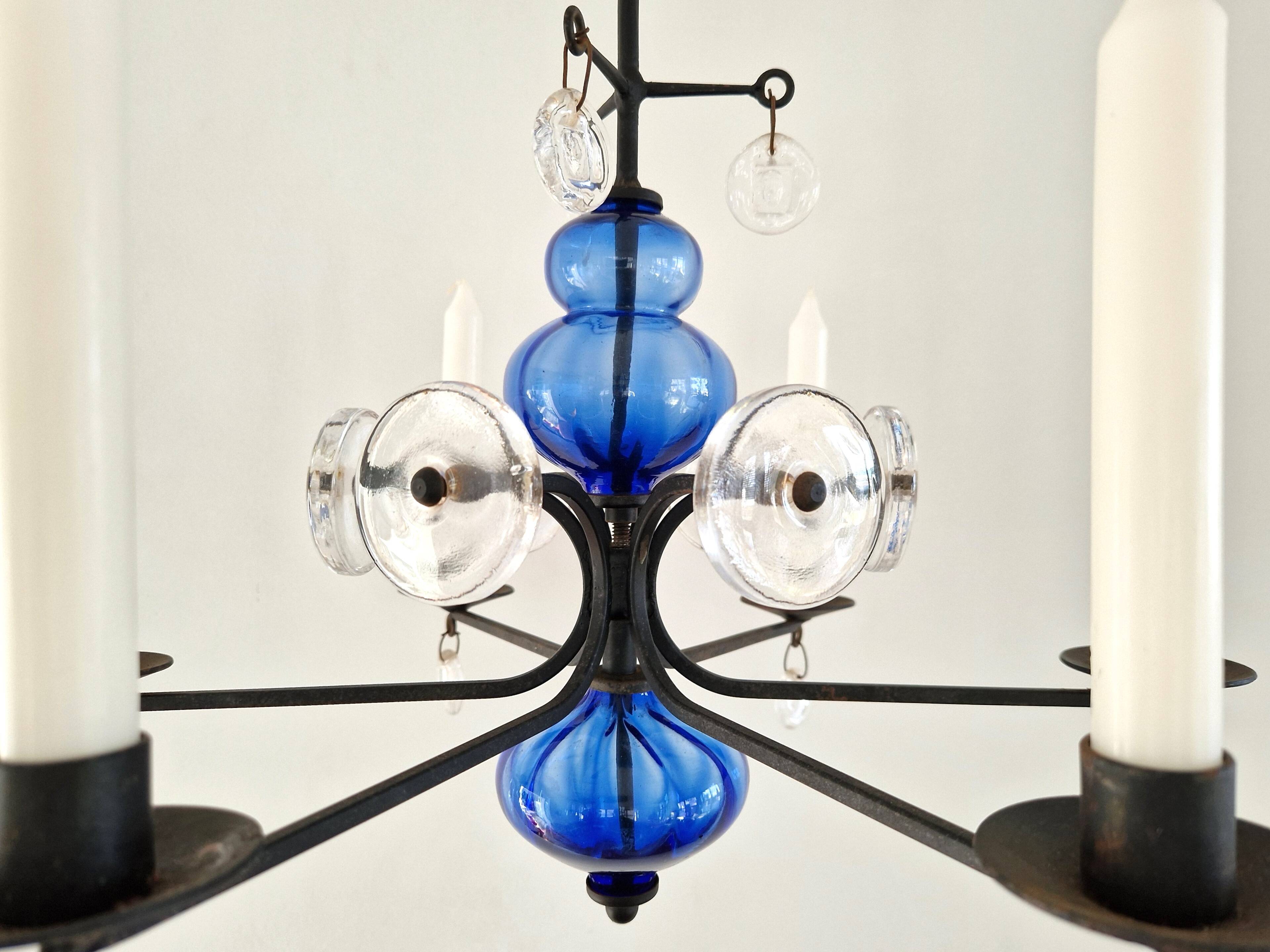 Art glass and wrought iron candelabra chandelier by Erik Höglund for Boda, Sweden 1960's