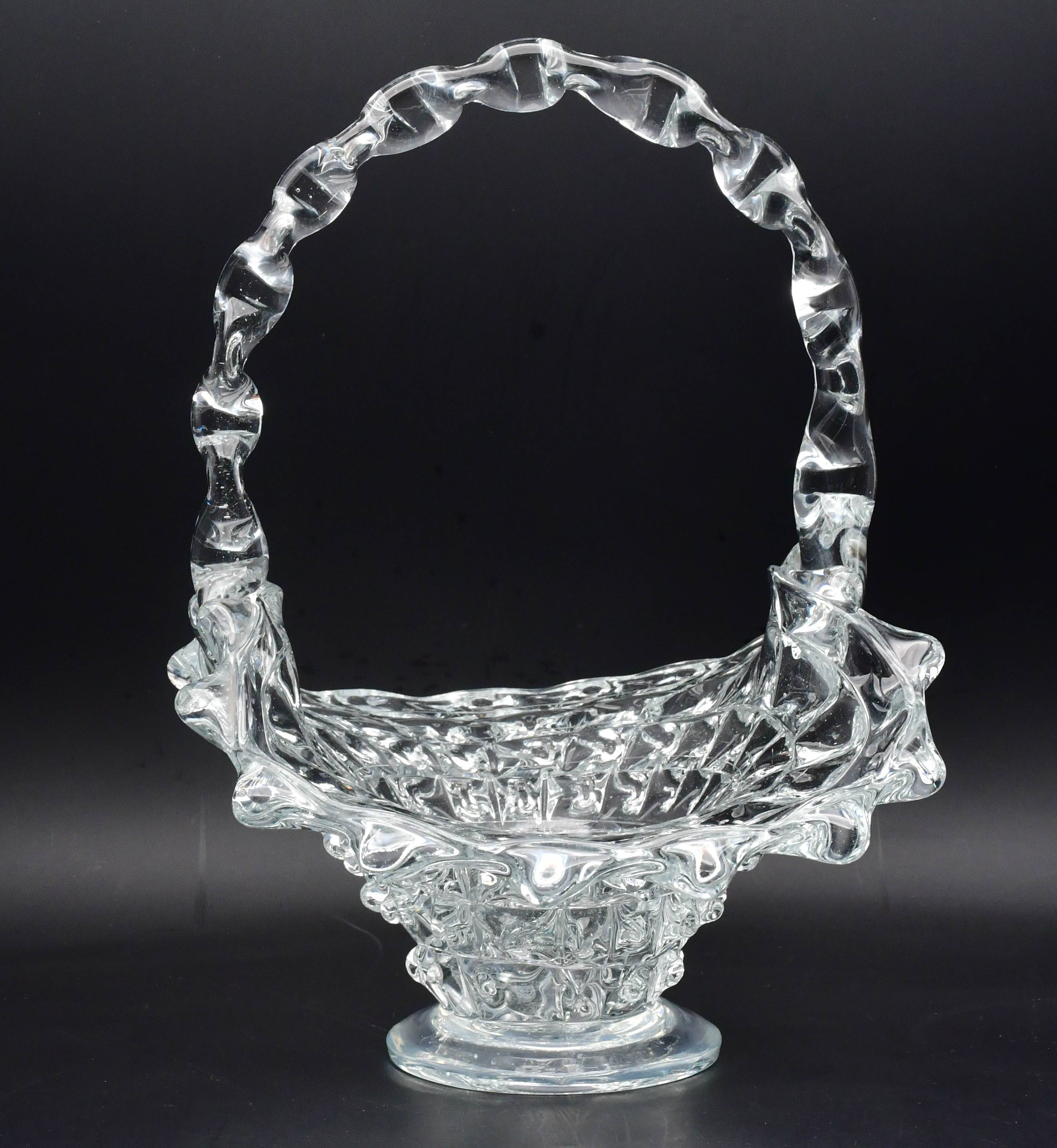Barovier Rostrato Murano Italian glass basket centerpiece vase, 1940s