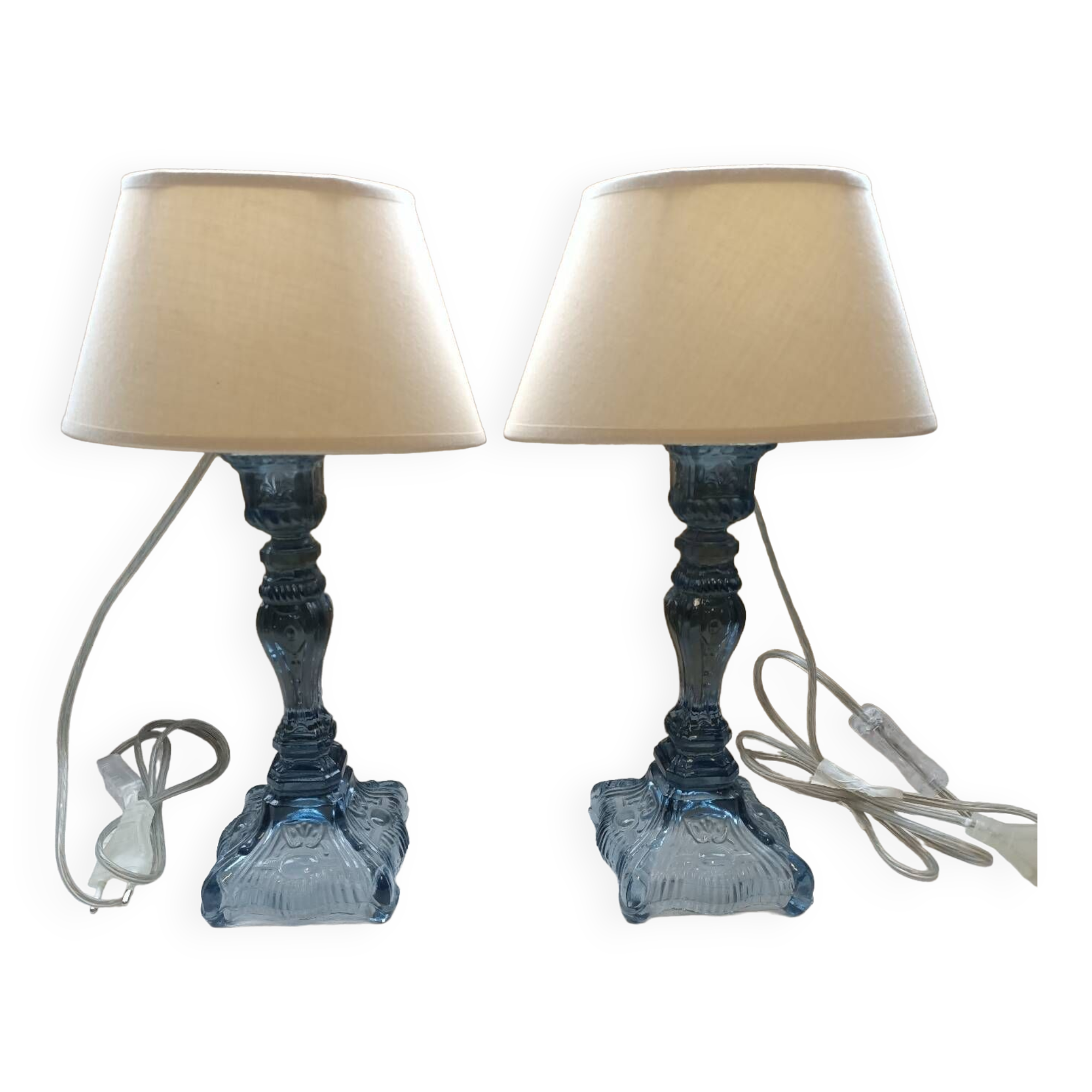 Paire de lampes en verre bleuté