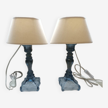 Pair of bluish glass lamps