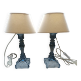 Paire de lampes en verre bleuté