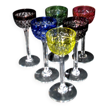 Saint-Louis set of 6 antique liqueur glasses Metra in coloured double crystal Roemer Overlay