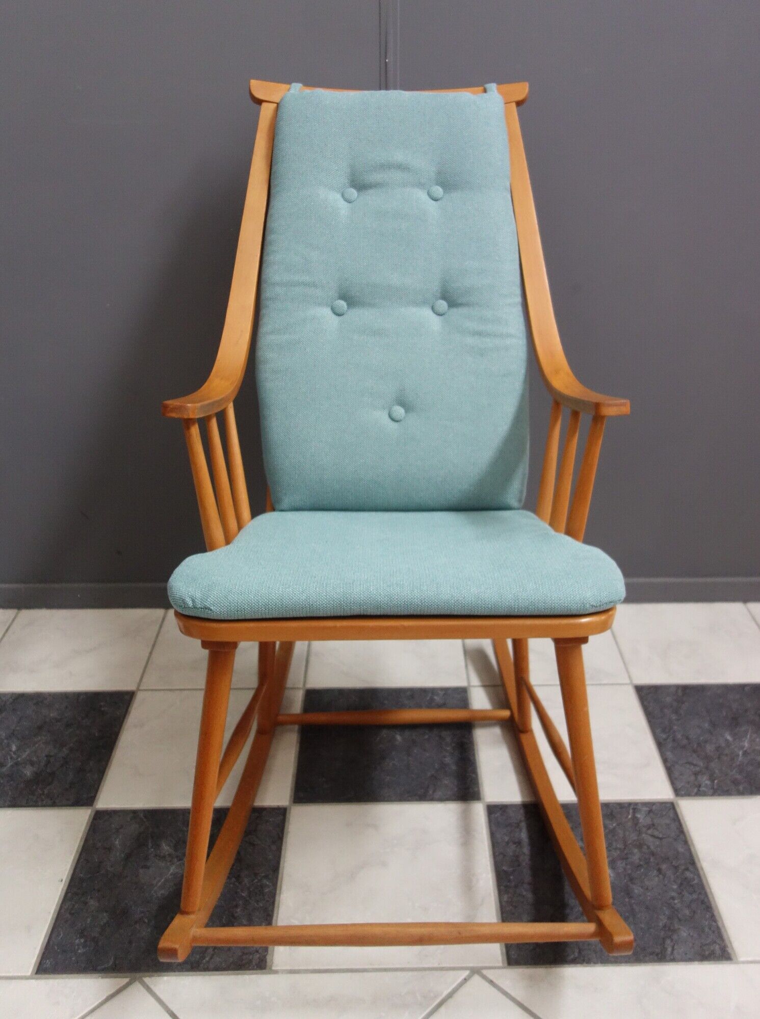 Mid century wooden rocking chair with blue upholstery  1960s