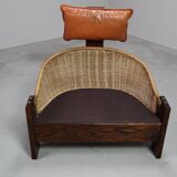 Vintage tripod lounge chair in leather, rattan and oak, Netherlands