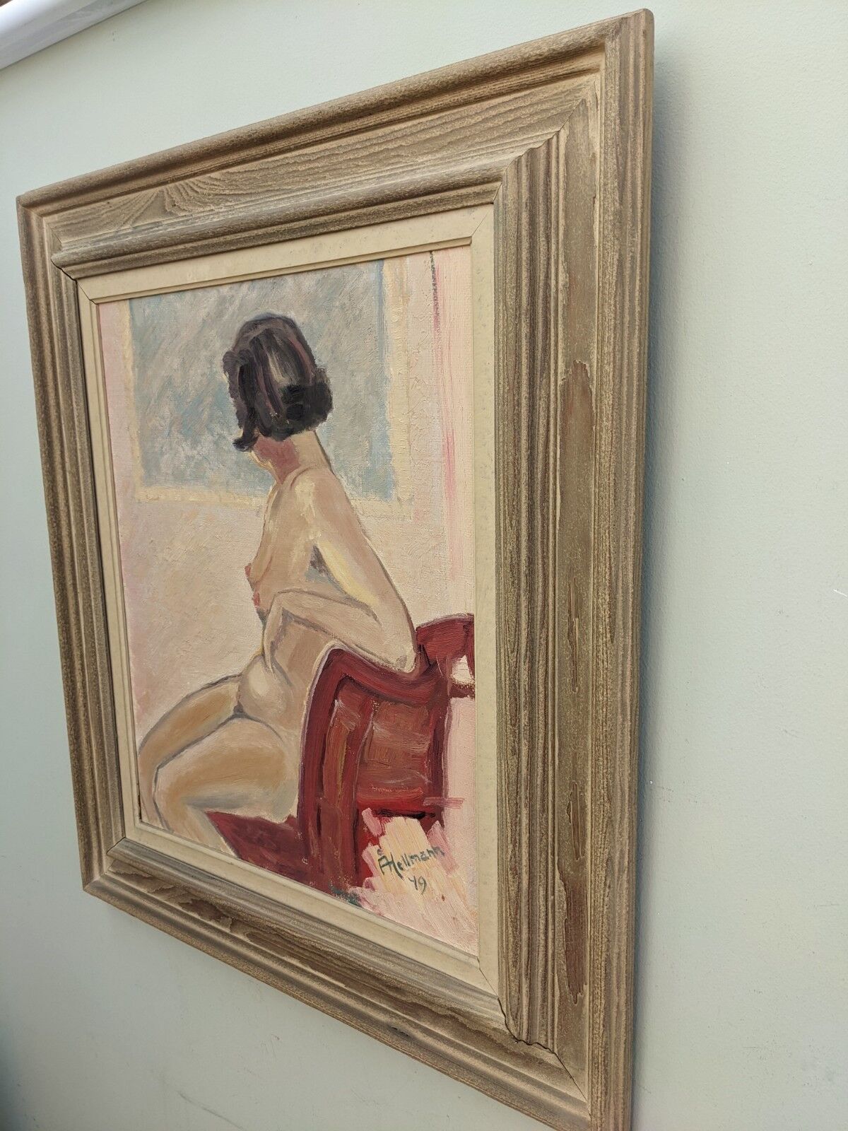 1949 Mid-Century Modern "Gaze Away" Swedish Nude Portrait Oil Painting, Framed
