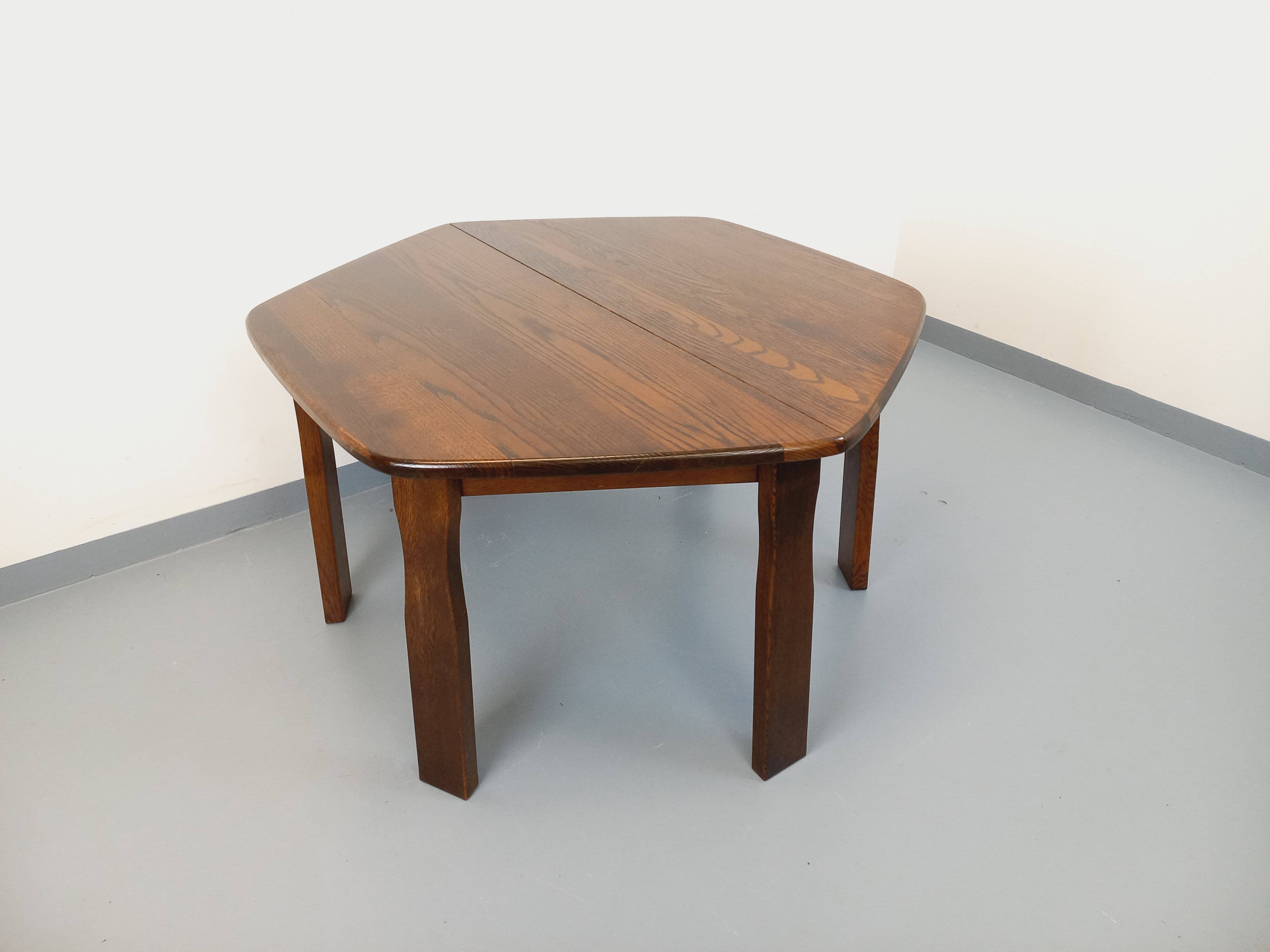 Vintage brutalist hexagonal dining table made of oak from the 1950s.