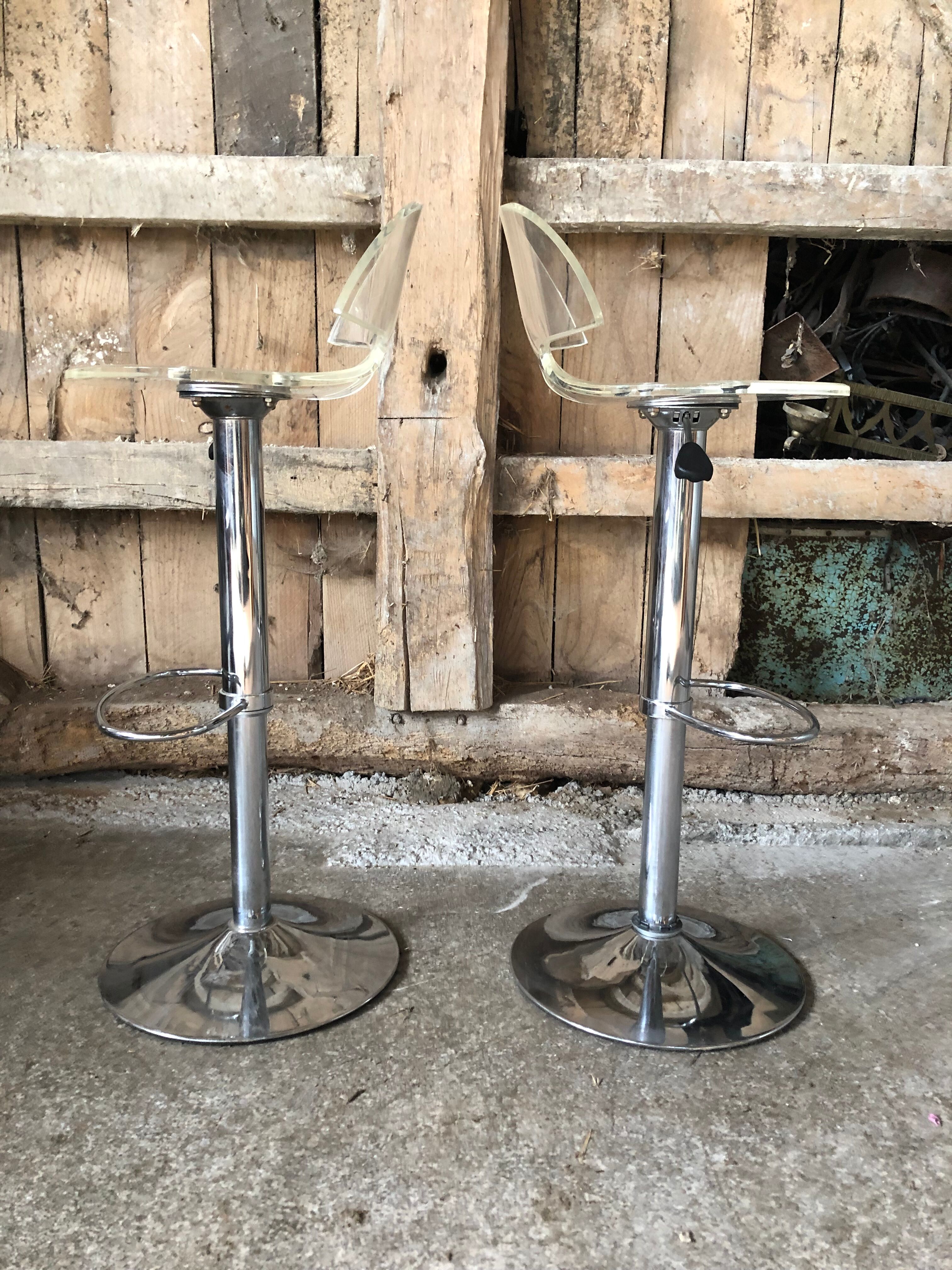 Pair Stool Foot Bar Tulip Metal Chrome + Seat Plexi Transparent Vintage