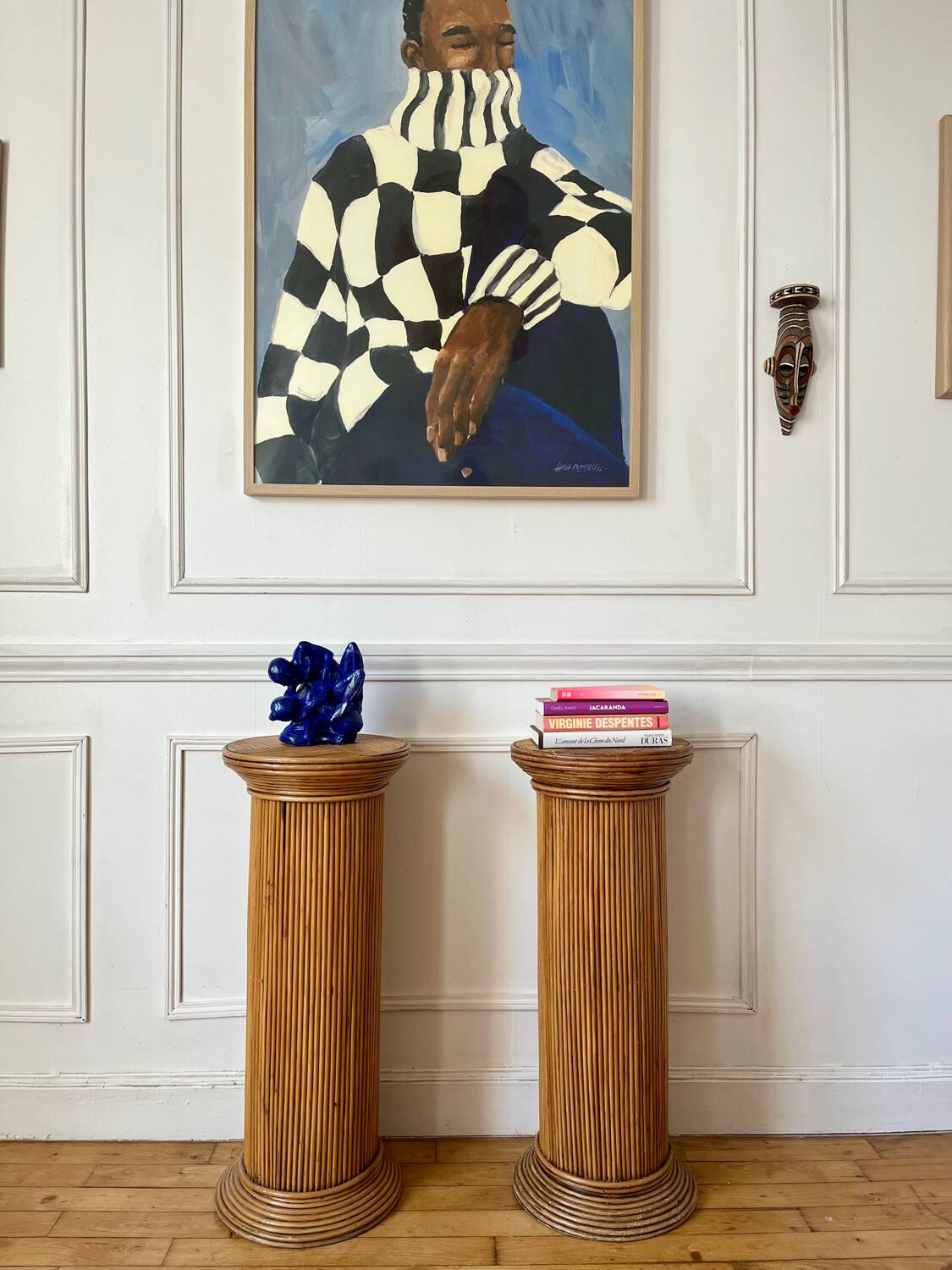 Pair of vintage rattan veneer columns