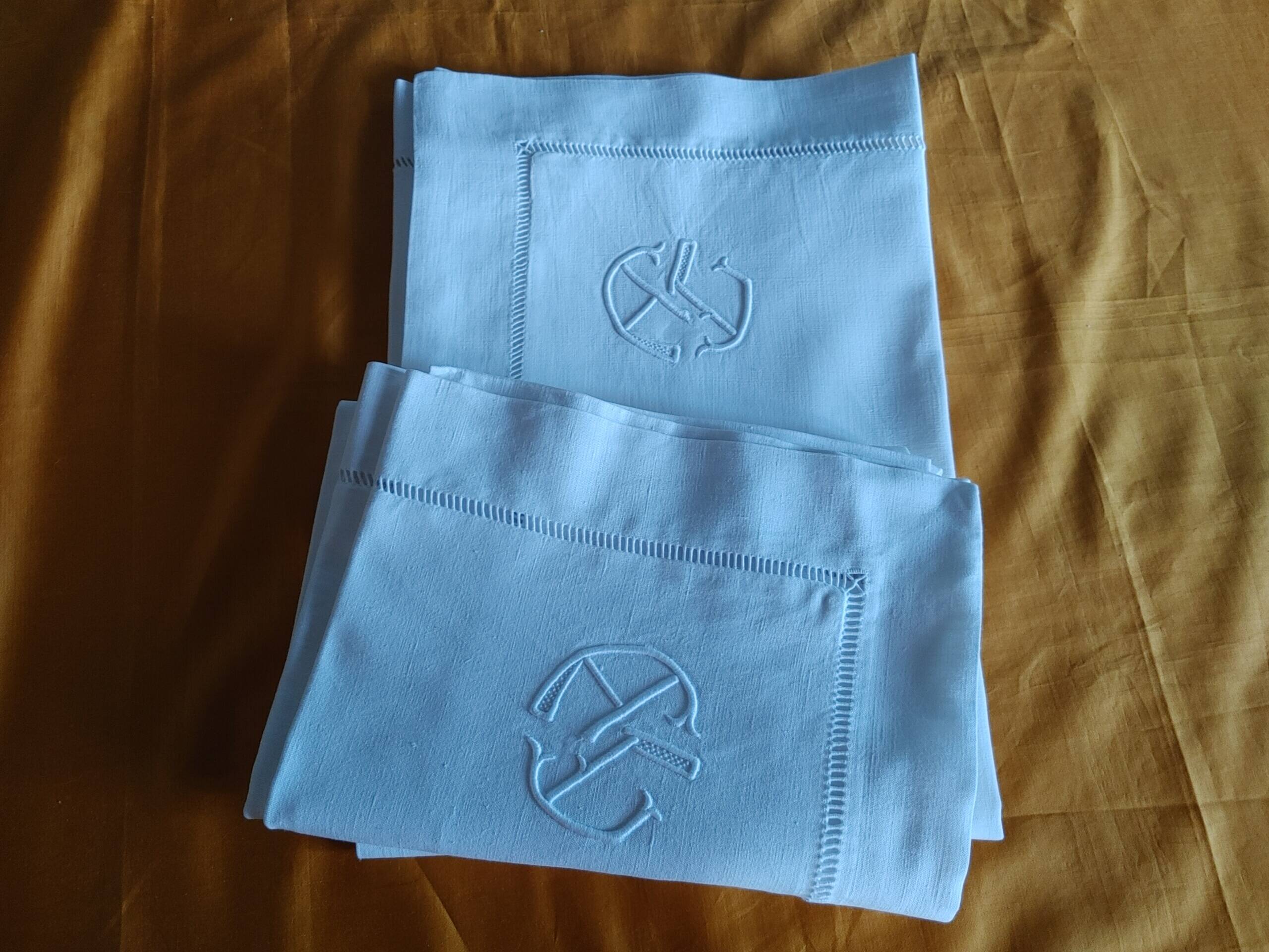 Pair of old linen & cotton pillowcases - ac monogram