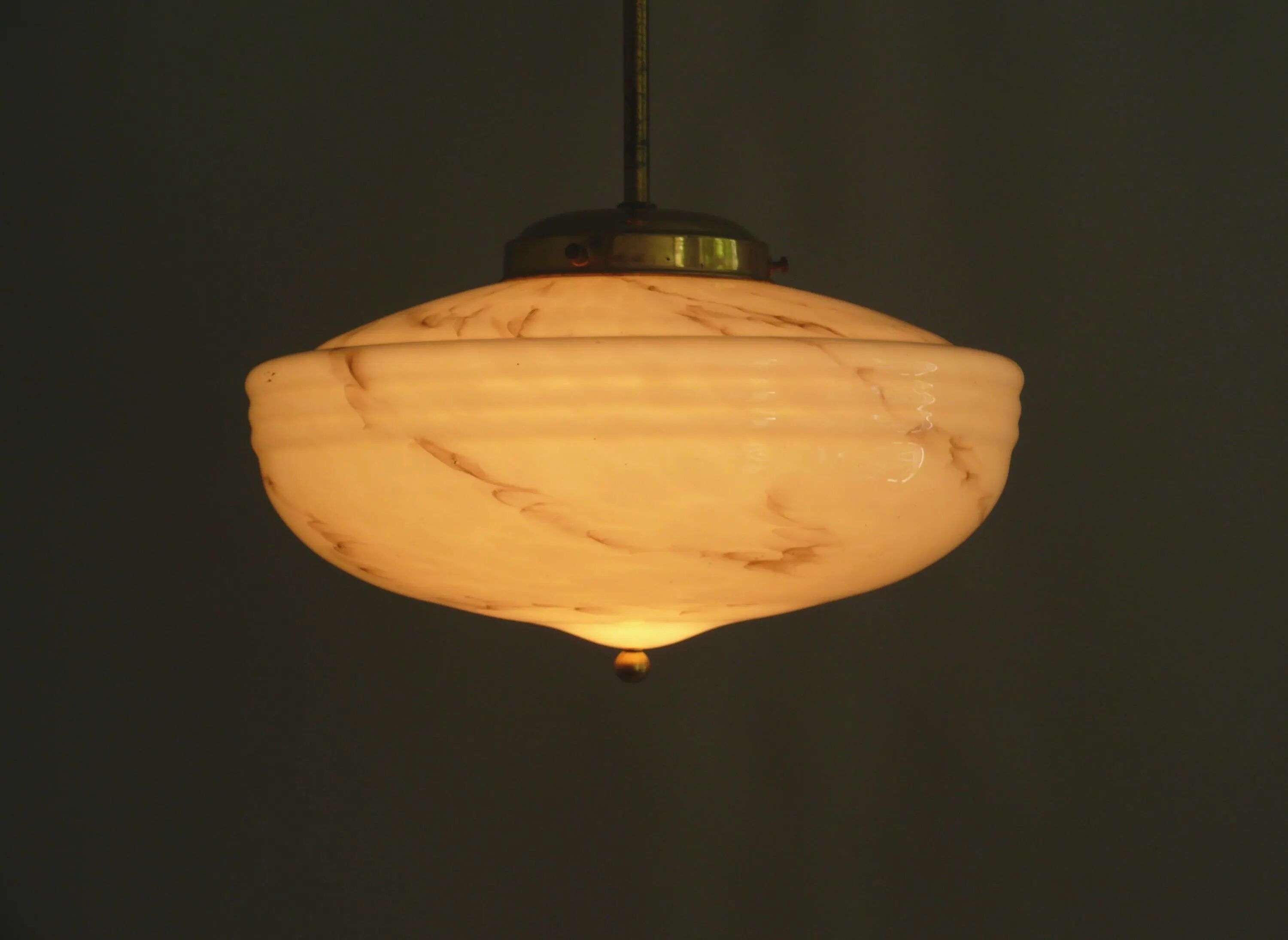 Art Deco Pendant Lamp, Beige Marble, Brass Suspension - 1930s