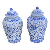 Pair of large vintage Chinese ceramic vases from the 1980s, oriental potiches.