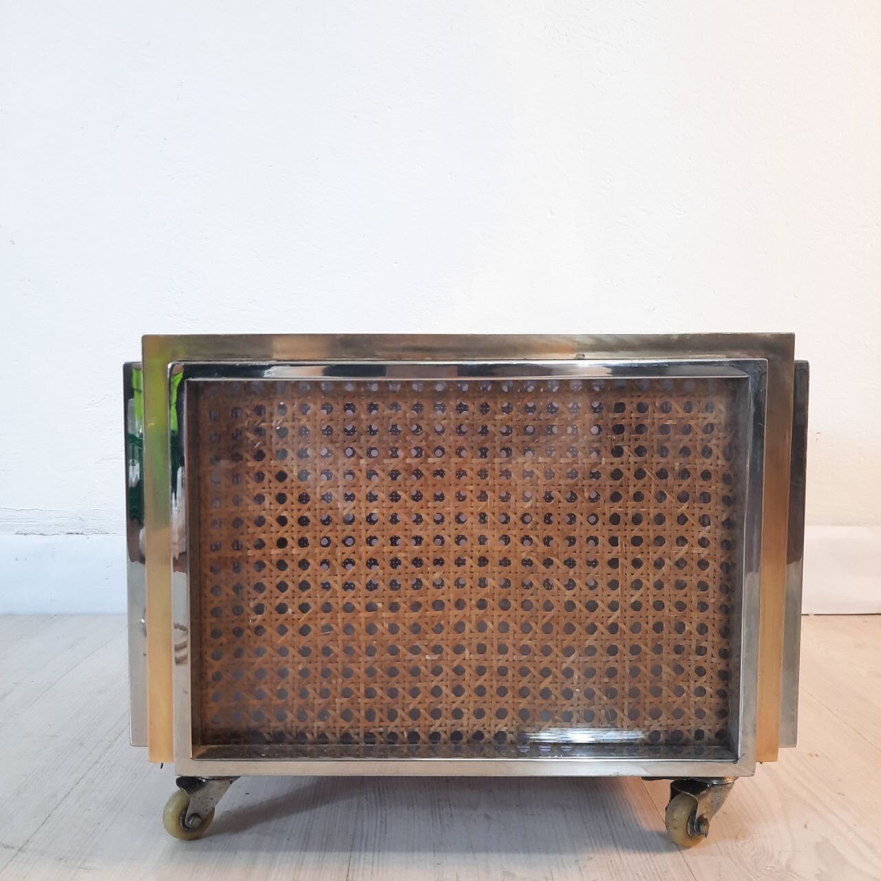 Planter, vintage storage with lightweight wheels, straw, brass and steel, hollywood regency