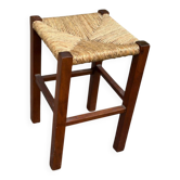 Tabouret bas style brutaliaste en bois massif paillé 1980