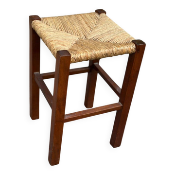 Tabouret bas style brutaliaste en bois massif paillé 1980