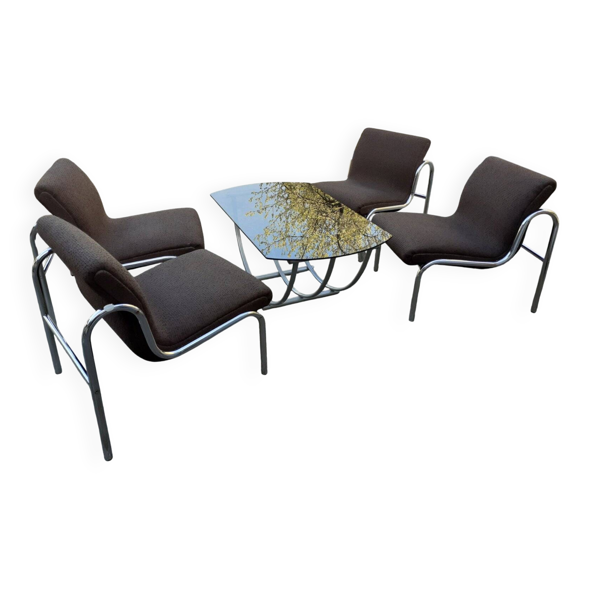 Table and 4 chairs in chrome metal with brown fabric and wood, Hungarian design from the 1960s.