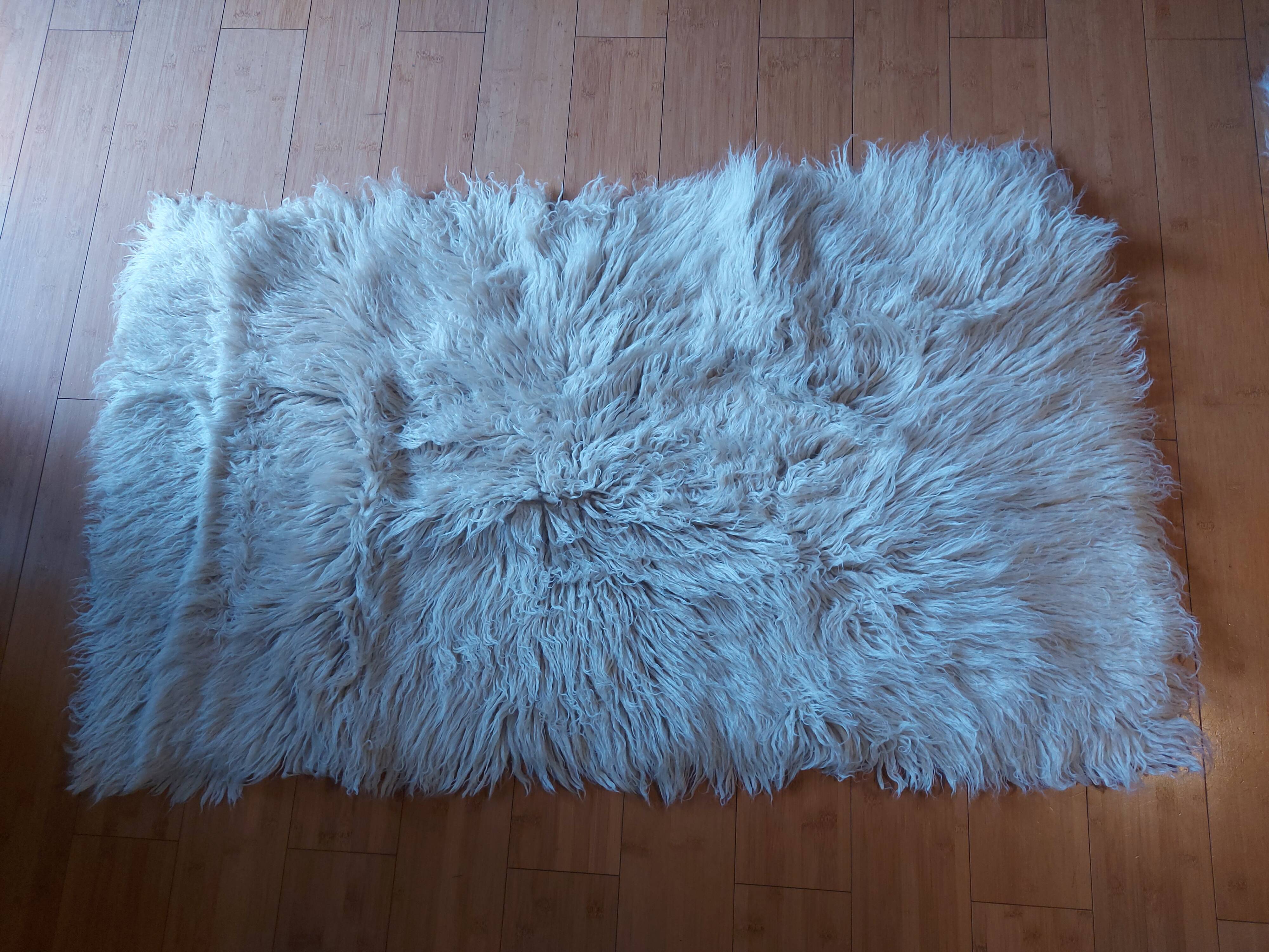 White pure wool long pile rug, vintage