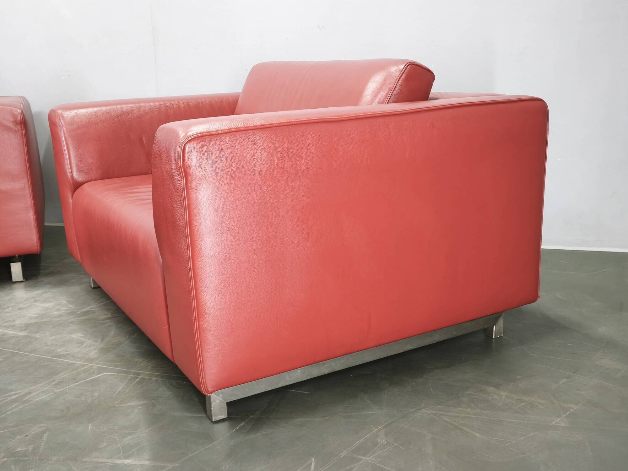 Wittmann Oversized Red Leather Lounge Armchairs and Ottoman, Austria