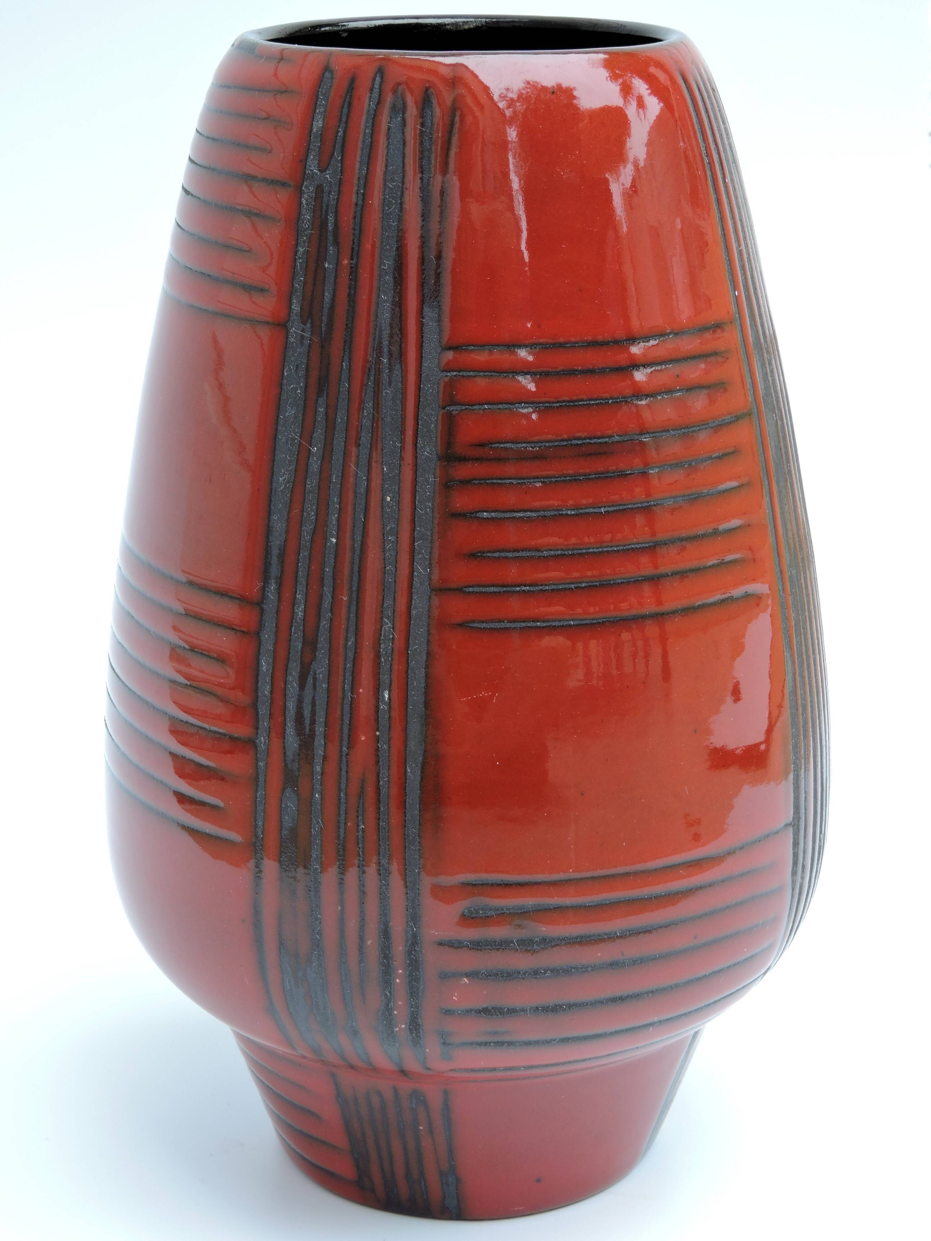 Vintage red ceramic vase scarified decoration elchinger 50' signed