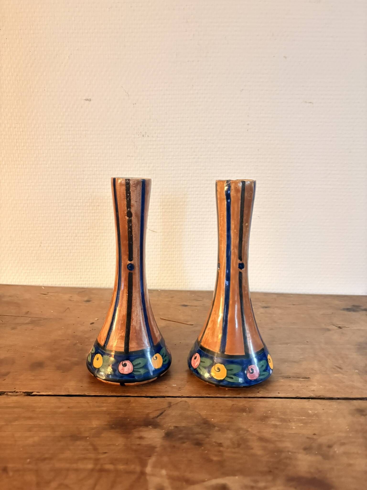 Pair of Soliflore Vases Faience HB Quimper Art Deco Decor 1930 Signed