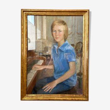 Child portrait at the piano in framed pastel, 1976