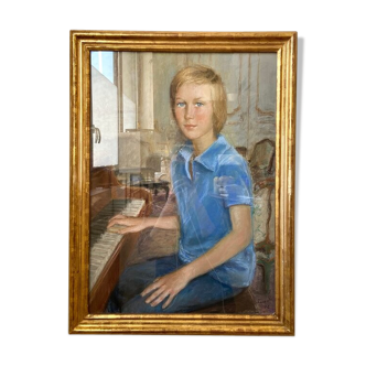 Portrait d'enfant au piano au pastel encadré, 1976