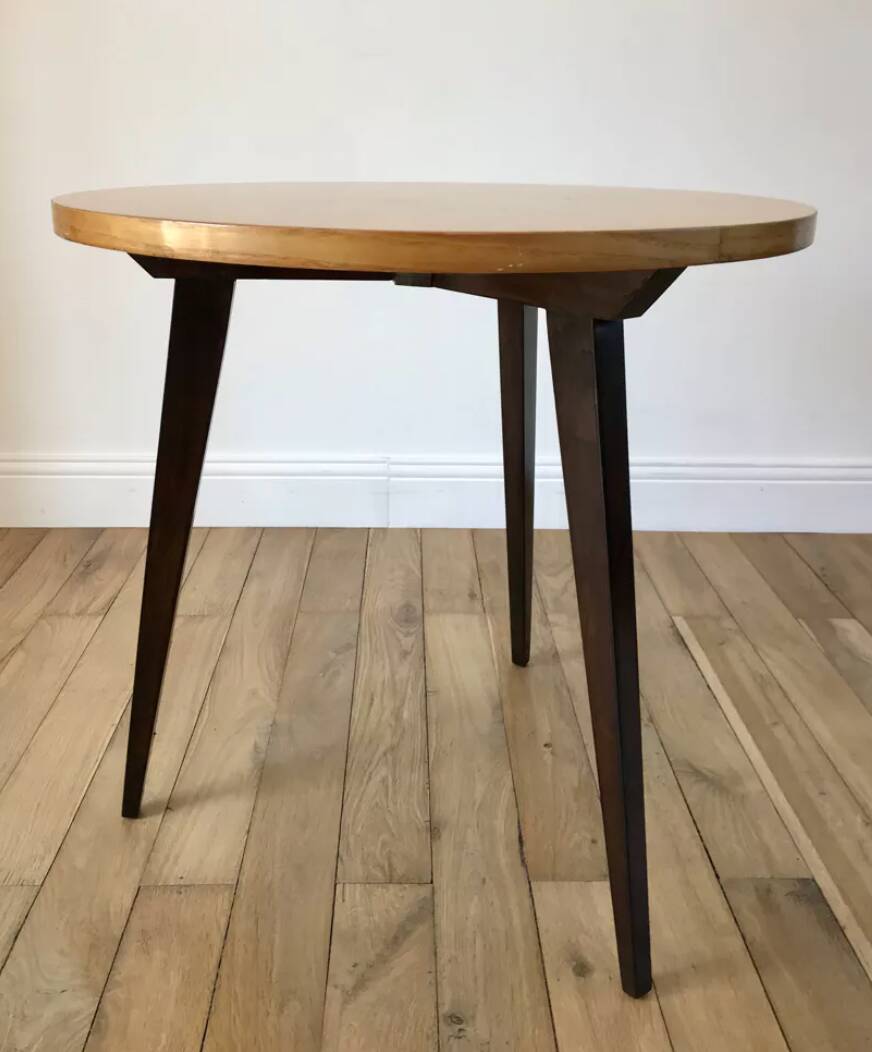Tripod coffee table in wood and two-tone marquetry Scandinavian design 50s-60s