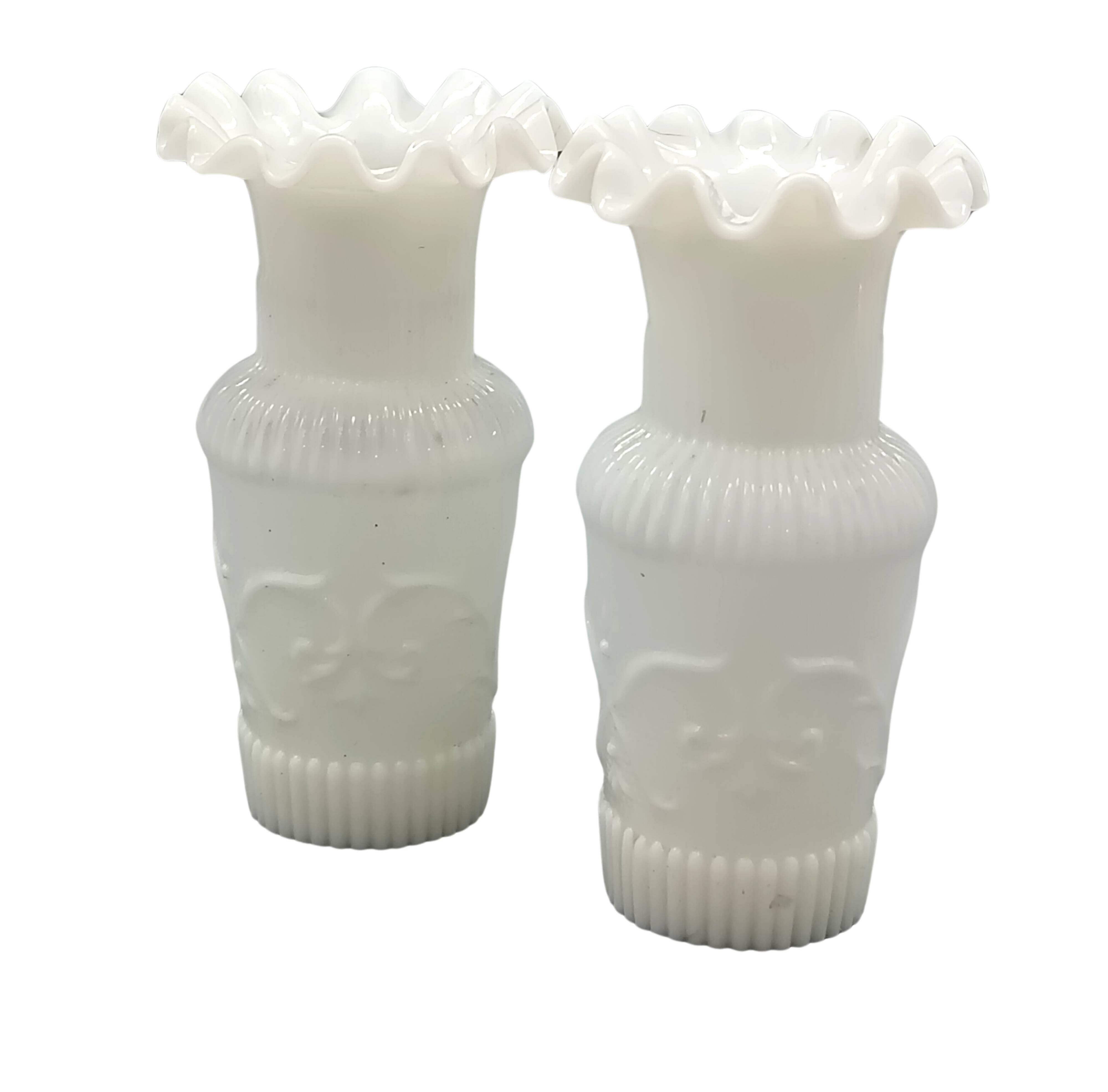 Pair of small antique white opaline fairground vases, vintage, french