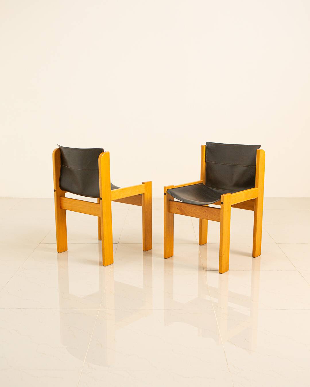 Set of 4 Italian chairs in wood and leather by Ibisco 70's