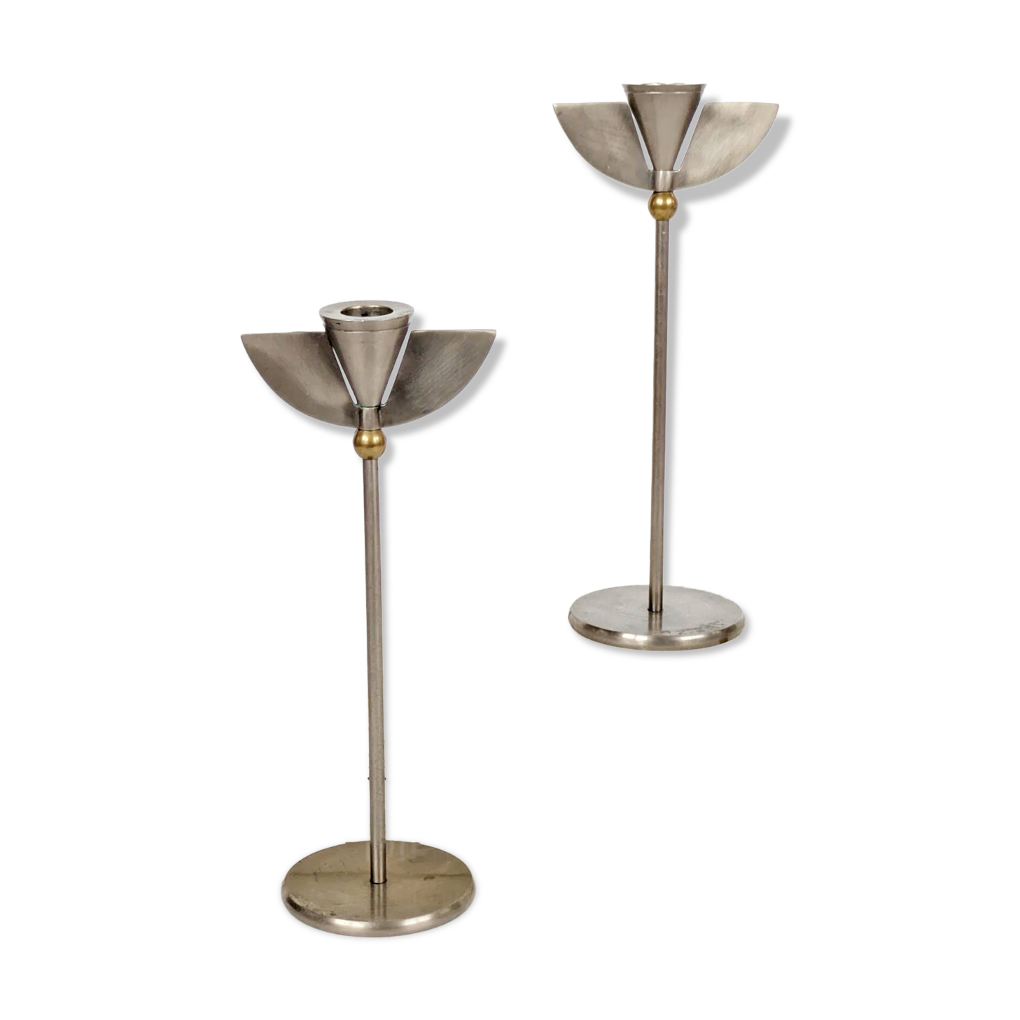Pair of postmodern 1980s candlesticks, stainless steel and brass