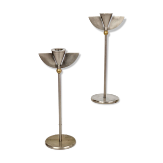 Pair of postmodern 1980s candlesticks, stainless steel and brass