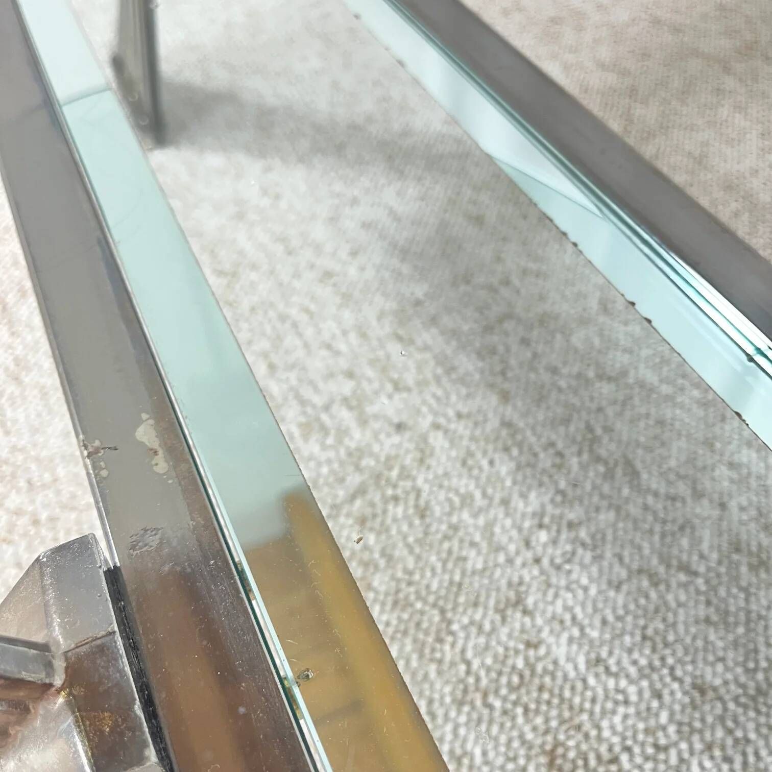 Vintage Italian coffee table in glass, chrome and brass metal, Hollywood Regency style, 1970s.