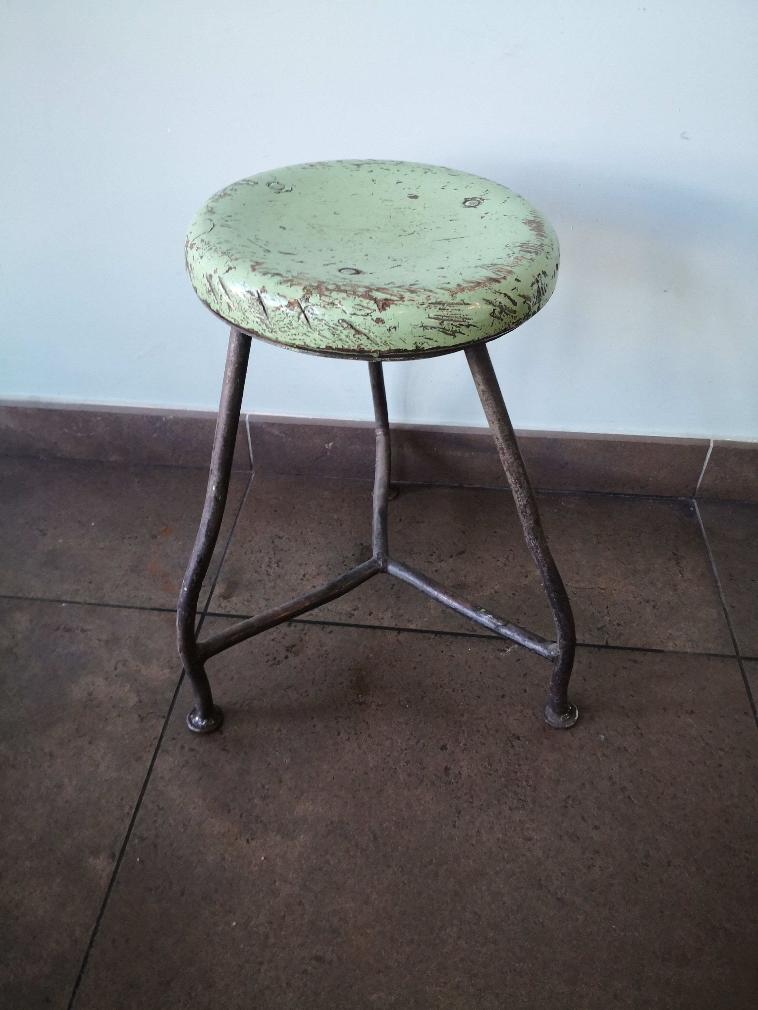 Vintage tripod stool, industrial style wood and metal