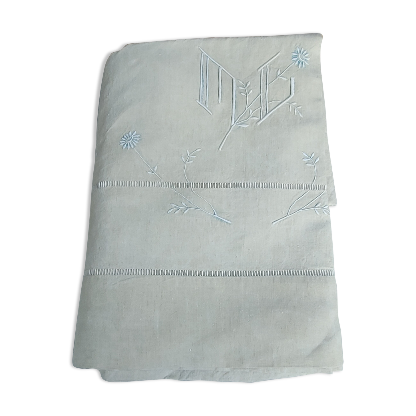 Drap ancien toile de lin retour, fleurs, monogramme brodé main 215 cm x 267 cm