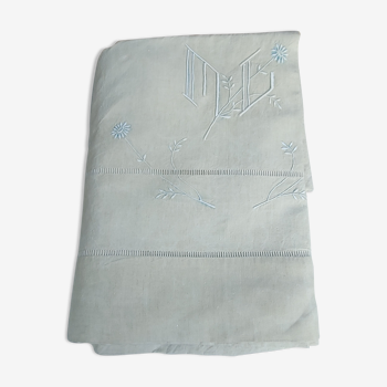 Old linen sheet back, flowers, monogram hand embroidered 215 cm x 267 cm