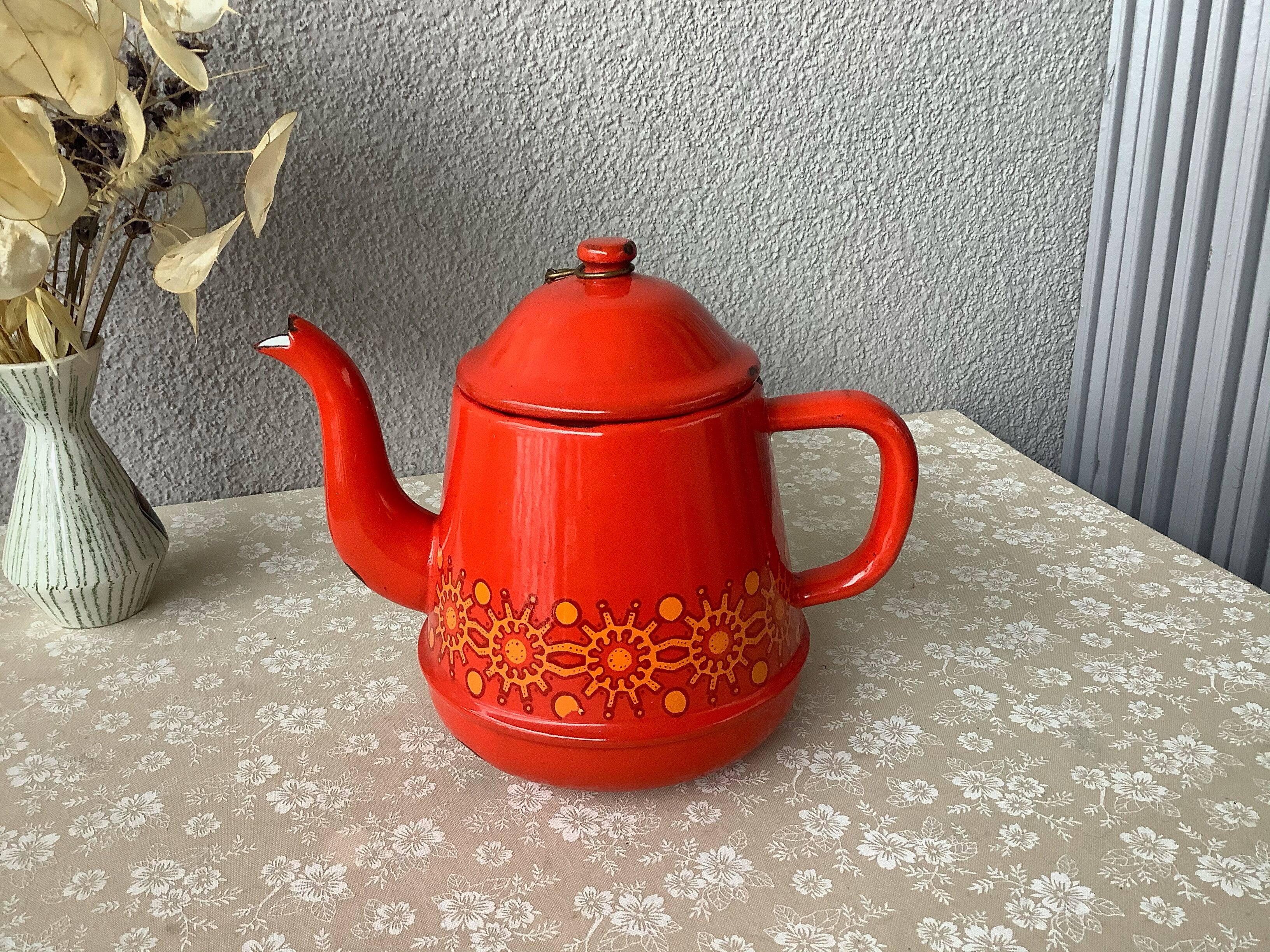 Vintage red enamelled tin teapot