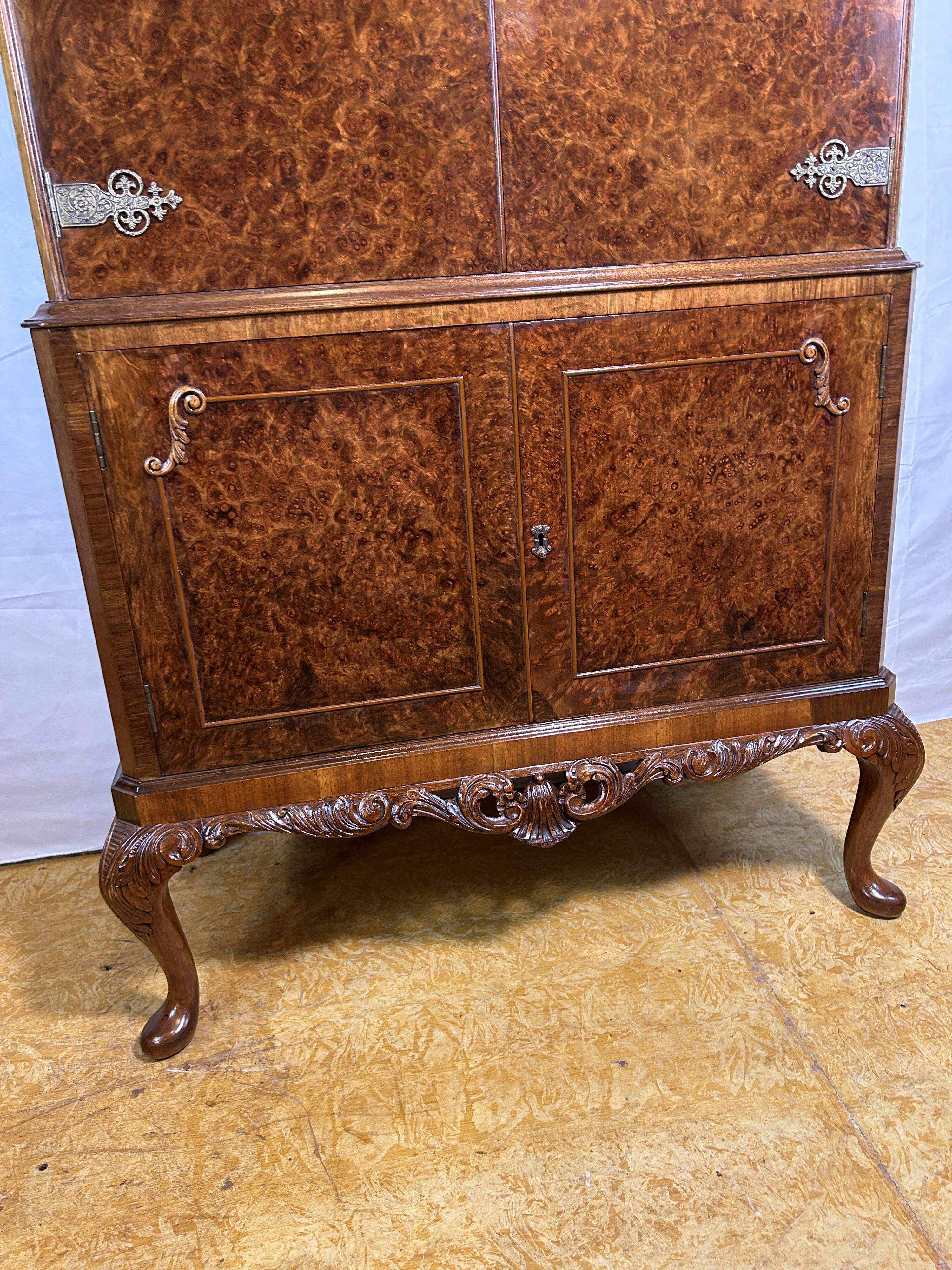 Mid-20th Century Burr Walnut Drinks Cabinet – Art Deco Elegance Meets Queen