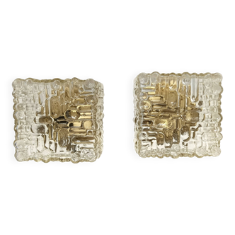 Pair of Square Molded Clear Glass and Gold Varnished Iron Wall Lights