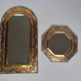 Set of two Moroccan brass mirrors in the shape of arches and octagonal