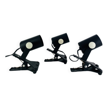 3 clip-on spotlights, black metal, 1960s, vintage