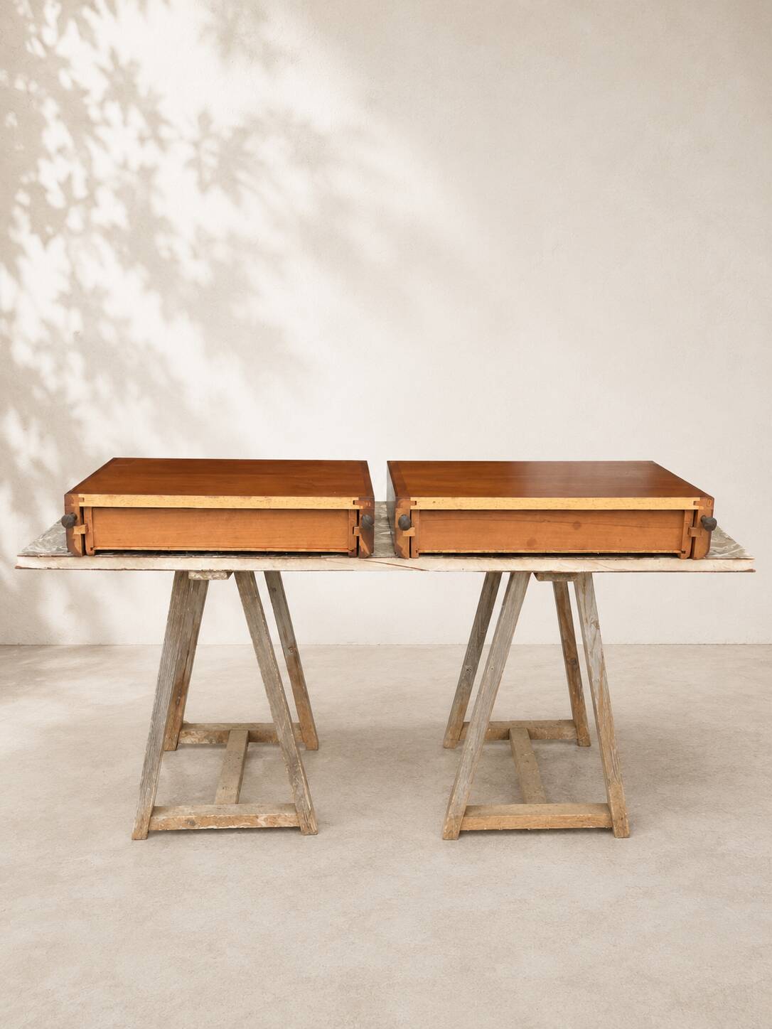 Pair of modernist wooden wall-mounted bedside tables – 1960s