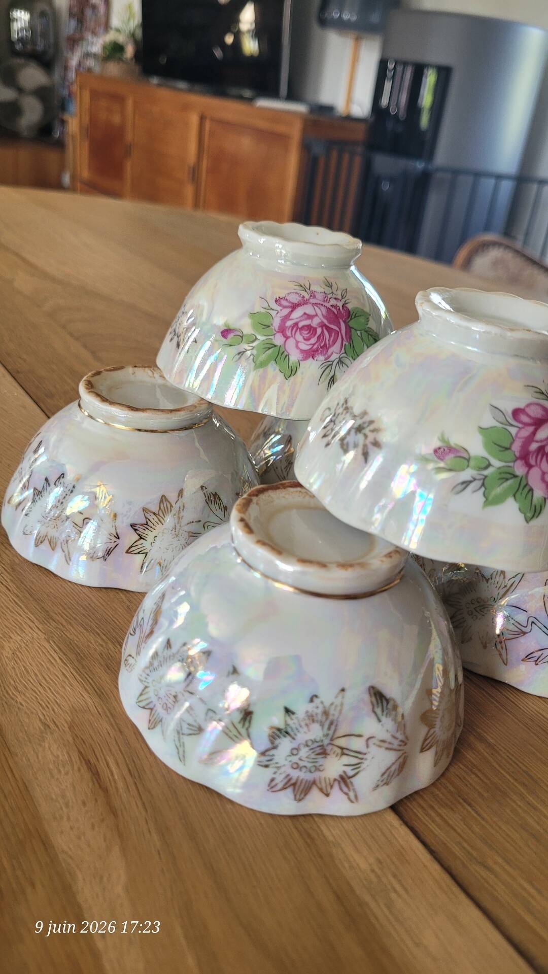 6 antique coffee cups in pearlescent porcelain