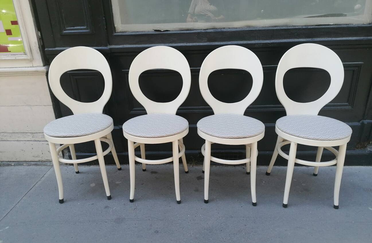 set of 4 Bauman chairs, Mouette model, white wood, 1960