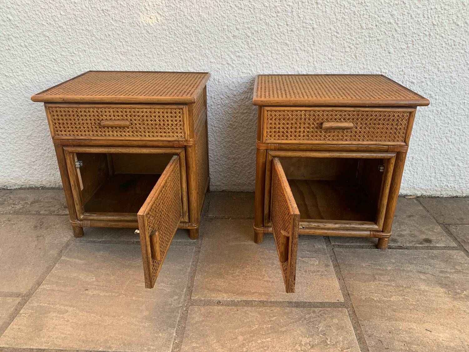 Pair of rattan bedside tables