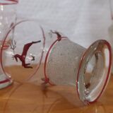 Glasses and carafe decorated with red Christmas reindeer and white granita 60's