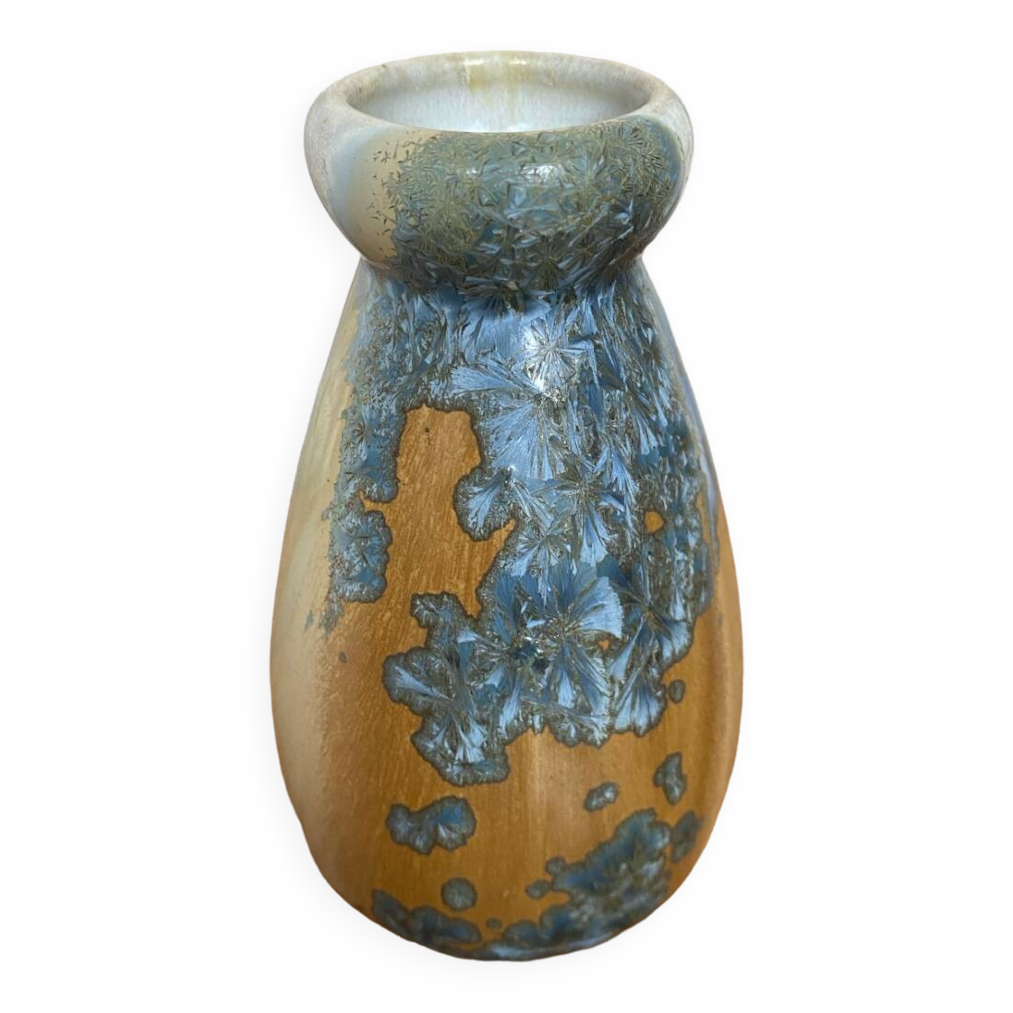 Old mougin style vase ceramic beige crystallized enamel blue france