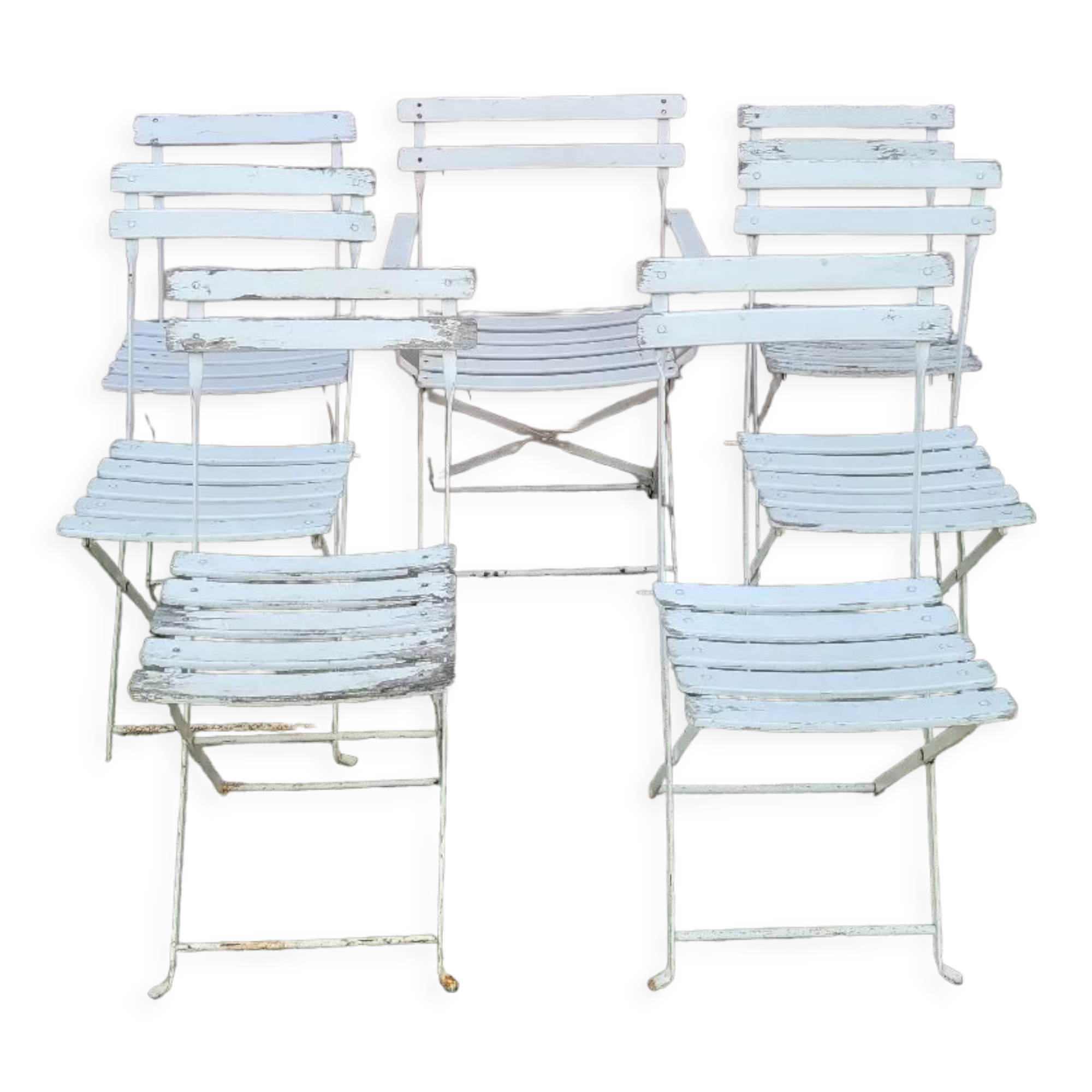 Series of 6 chairs and 1 folding armchair of iron garden bistro