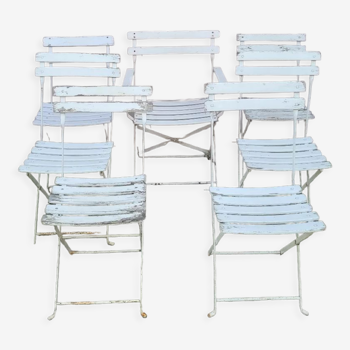 Série de 6 chaises et 1 fauteuil pliantes de bistrot jardin en fer