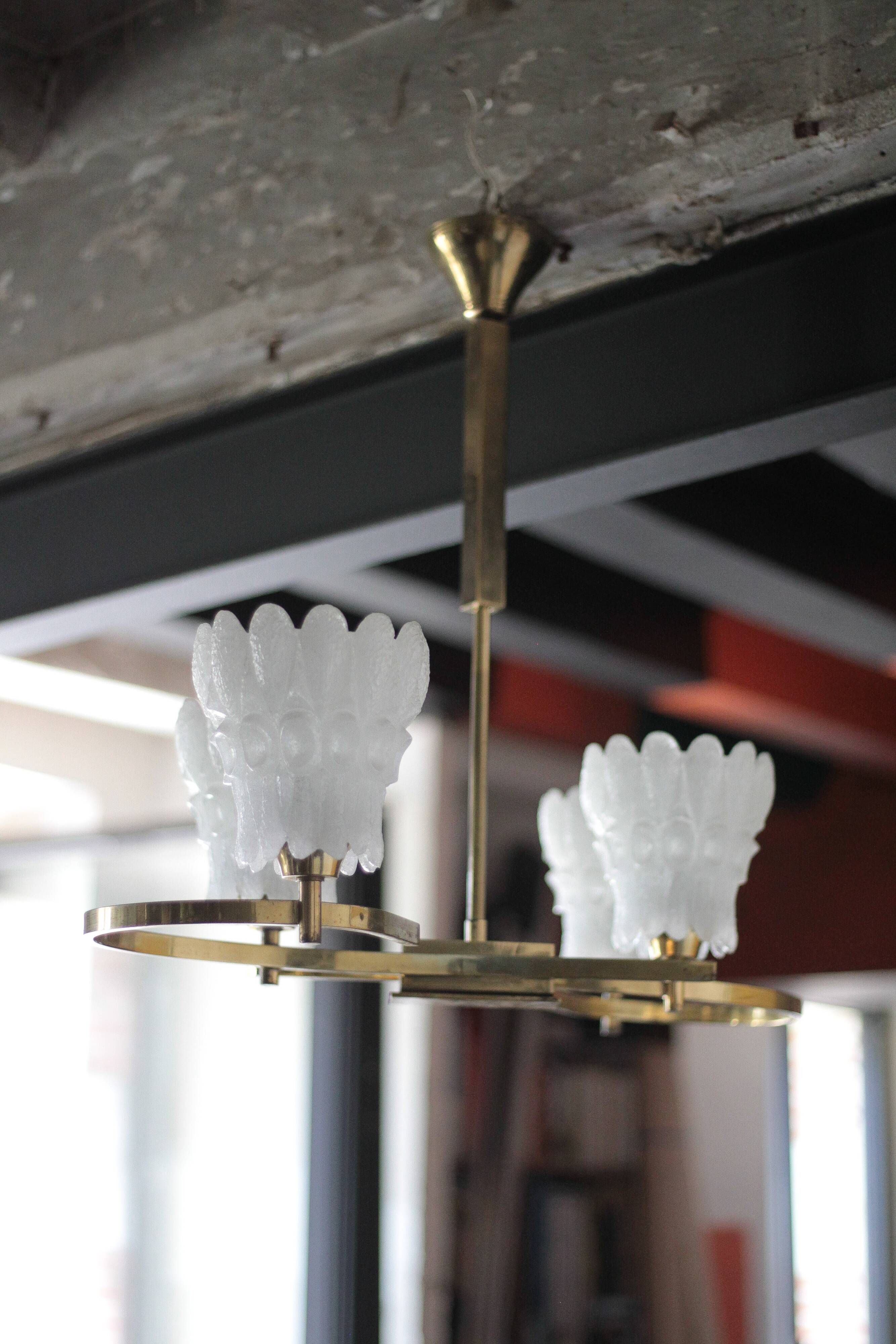 Vintage brass suspension with thick milk glass globe, brass chandelier.